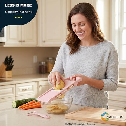 NACOLUS Mandoline Slicer for Kitchen Slicer Vegetable Cutter 5 In 1 Veggie Slicer Potato Slicer waffle fry cutter Hot Swap Mandolin with Peeler for Vegetables Carrot Shredder Cucumber Slicer - Pink