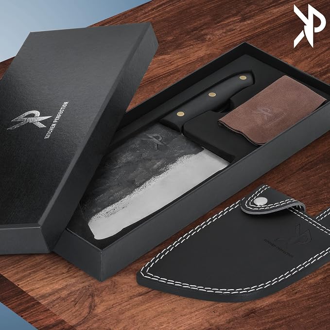 Kitchen perfection Handmade Meat Cleaver Knife for Meat Cutting - Professional 7" Serbian Chef Knife Made of High Carbon Steel Hand Sharpen Butcher Knife with Leather Sheath, Unique Gifts for Men