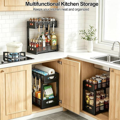 Under Sink Organizer, 2-Tier Pull Out Baskets, Black | Rustproof carbon steel, 2 tier mesh sliding drawers, Height adjustable to bypass pipes, For kitchen, bathroom, laundry