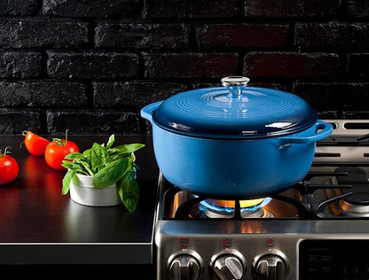Lodge Essential Enamel Cast Iron Dutch Oven with Lid 7.5 Quart - Oven-Safe Enamel Cookware up to 500° F - Heat-Retaining Braising & Roasting Pot - Non-Toxic Cookware - Carribean Blue