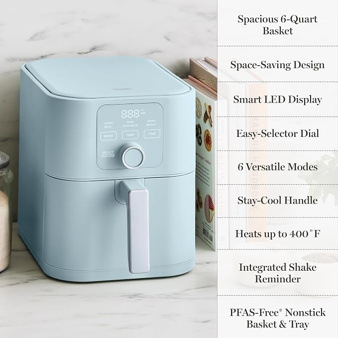 Martha Stewart 6QT Air Fryer, 6-in-1, Bake, Broil, Roast, Air Fry, Dehydrate, Reheat, Ceramic Non-Stick Basket, Crispy Results Fast, 400°F Max Temp, Shake Reminder, Sky Blue