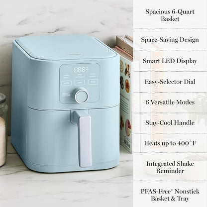 Martha Stewart 6QT Air Fryer, 6-in-1, Bake, Broil, Roast, Air Fry, Dehydrate, Reheat, Ceramic Non-Stick Basket, Crispy Results Fast, 400°F Max Temp, Shake Reminder, Sky Blue