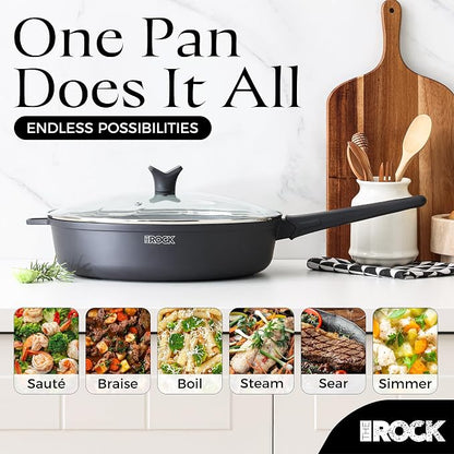 THE ROCK SOHO 12.5-Inch Nonstick Frying Pan Skillets with Lid– Compact for Urban Kitchens, Nothing Sticks, Never Warps, Lasts Longer, Oven & Dishwasher Safe, Black
