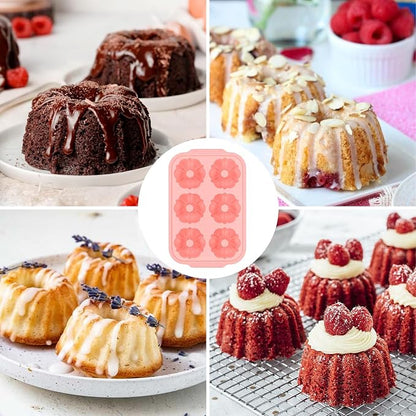 FUNBAKY 3 Inch Mini Fluted Tube Cake Pans for Baking with Metal Reinforced Frame, 2Pcs Silicone 6-Cavity Mini Flan Molds, Nonstick Baking Mold for Cupcake, Brownie, Donuts, Cornbread, Jello