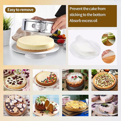 4, 7, 9 Inches Springform Pan Set of 3 - 304 Stainless Steel Nonstick Springform Cake Pan Set with Removable Bottom, 10 Inch Leakproof Silicone Cheesecake Pan Protector with 60 Pcs Parchment Paper