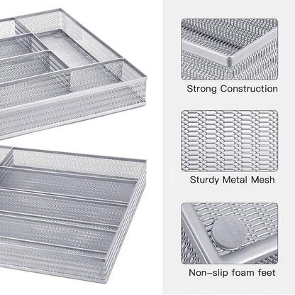 Neudeco Drawer Organizer Set, Silver Mesh, 6 Pack | 5-Compartment Silverware Tray, 5 Utensil Trays, Non-Slip, For Flatware, Cutlery, Office Supplies