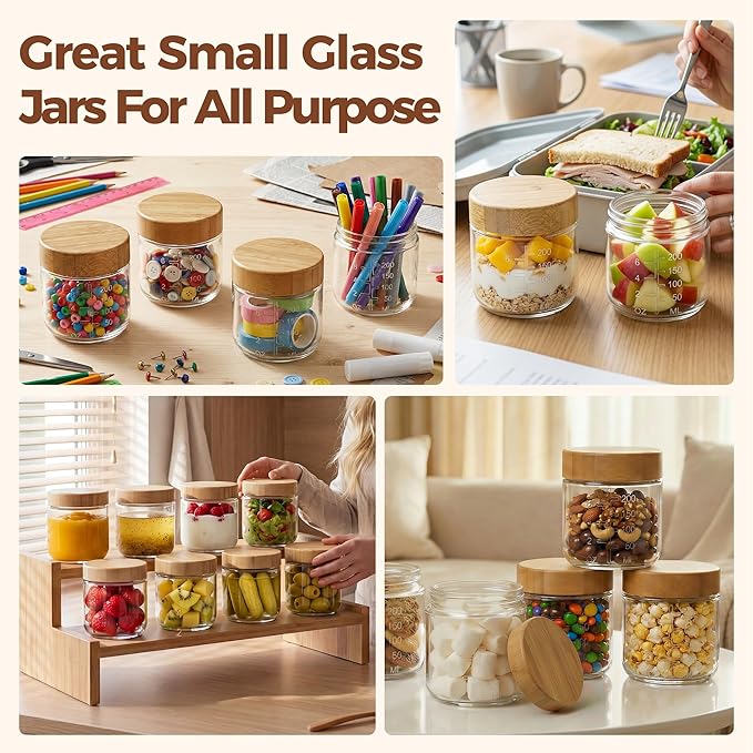8oz Glass Jars with Airtight Lids - 3 Pack Overnight Oats Containers with Bamboo Lids, Small Food Containers with Measurement for Yogurt, Salad, Chia, Wide Mouth Mason Jar with Lid for Food Storage