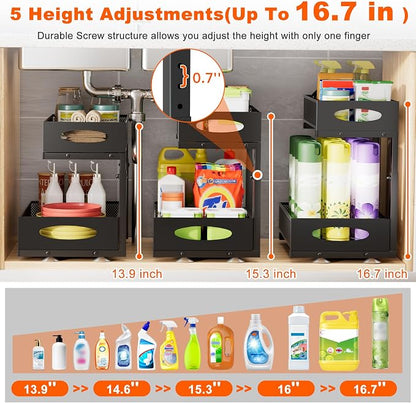 Under Sink Organizer, 2 Packs 2 Tier Under Sink Organizers and Storage, Slide Out Pull Out Cabinet Organizer Shelf, Metal Sliding Drawer for Kitchen Bathroom Pantry Cabinet Closet Organization Rack