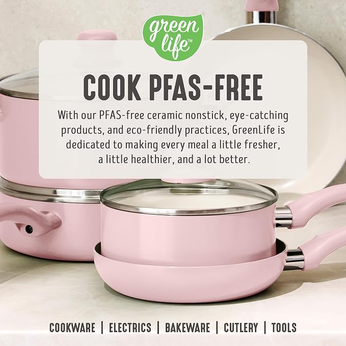 GreenLife 2-Piece Nonstick Frying Pan Set, 8” & 10” Skillets, Non-Toxic Ceramic Cookware, Dishwasher Safe, Stay-Cool Handles, Induction Ready, Fast Heating, Omelet Pan, PFAS Free, Blush Pink