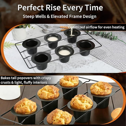 Nonstick Popover Pans, 2Pack Popover Baking Pans with Cooling Rack, 12-Cavity Pop Over & Yorkshire Pudding Pan, Individual Cups for Even Heating, Versatile for Cupcakes, Muffins, Brioche, Carbon Steel