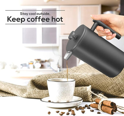 Utopia Kitchen 304 Grade Stainless Steel French Press Coffee Maker 50 Oz, Double Wall Insulated Coffee Press with 4-Level Filtration system, Include 2 Extra Filters, Rust-Free, Black