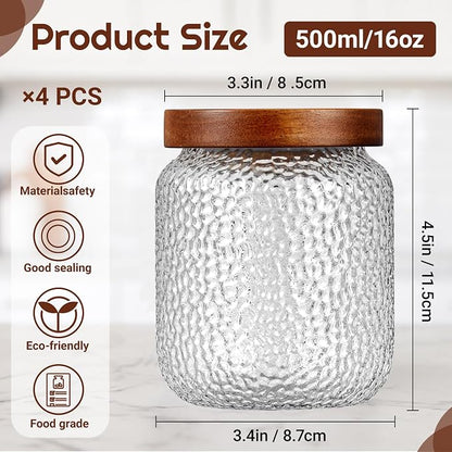 LemonRoad 4 Pack 16 oz Vintage Glass Jars with Lid Decorative Airtight Glass Food Containers Anti Slip Storage Canister for Kitchen Counter Pantry Coffee Nuts Sugar Candy Tea Cookie Spices Oats Cereal
