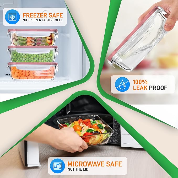 NutriChef 10-Piece Glass Food Containers - Stackable Superior Glass Meal-prep Storage Containers, Newly Innovated Leakproof Locking Lids w/Air Hole, Freezer-to-Oven-Safe (Red)