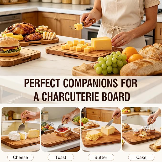 Renmxj Charcuterie Boards with Lid Gift Set, 2 in 1 Travel Portable Cheese Board with Knives Set, Natural Bamboo Charcuterie Tray, Housewarming Gifts New Home, Picnic, Wedding Gifts, White Handle