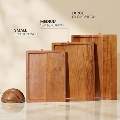 SMIRLY Teak Wood Cutting Board for Kitchen - Wood Cutting Boards for Meal Prep, Serving, Charcuterie - Kitchen Gadgets, House Warming Gifts - Wooden Chopping Board Set of 3 with Holder