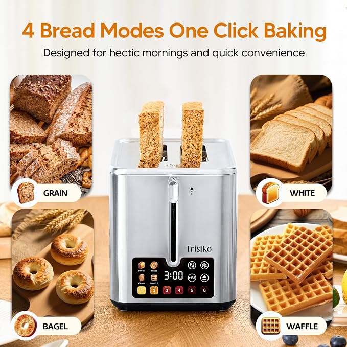 Touch Screen Electric Toaster 2 Slice, Stainless Steel Smart Toaster with Digital Timer, 1.38" Extra-Wide Slots for Bread& Bagel, Great for Home, Office,Dorm