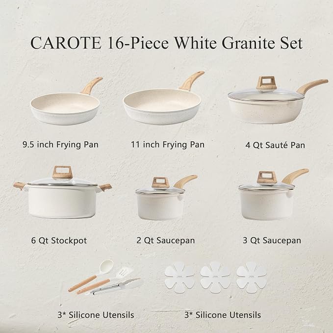 CAROTE 16 Piece Pots and Pans Set Nonstick, White Granite Cookware Sets Induction Cookware, Non Stick Cooking Set w/Frying Pans & Saucepans (PFOS, PFOA Free)