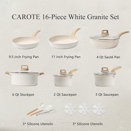 CAROTE 16 Piece Pots and Pans Set Nonstick, White Granite Cookware Sets Induction Cookware, Non Stick Cooking Set w/Frying Pans & Saucepans (PFOS, PFOA Free)