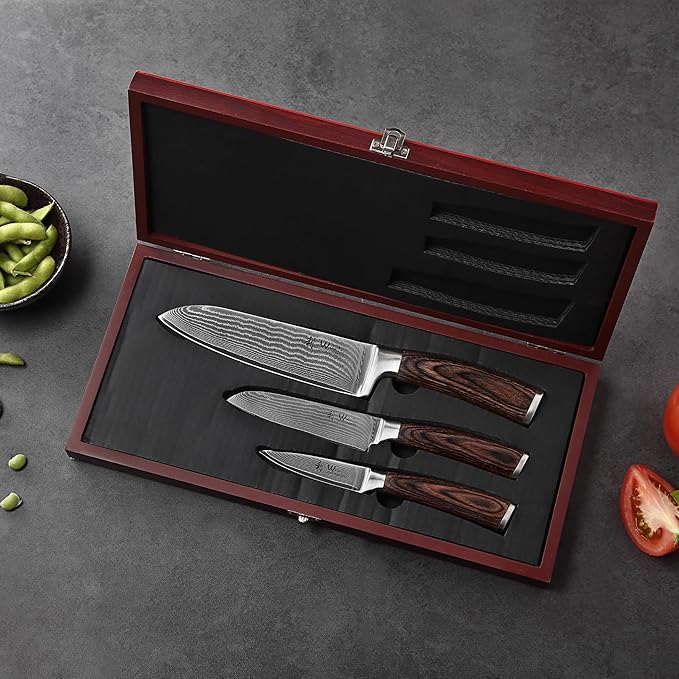 Wakoli EDIB 3-Piece Damascus Kitchen Knife Set in Wooden Gift Box, Razor Sharp Genuine Damascus Steel (VG10 Core), Includes Santoku, Small Santoku and Paring Knife, Ergonomic Pakkawood Handle