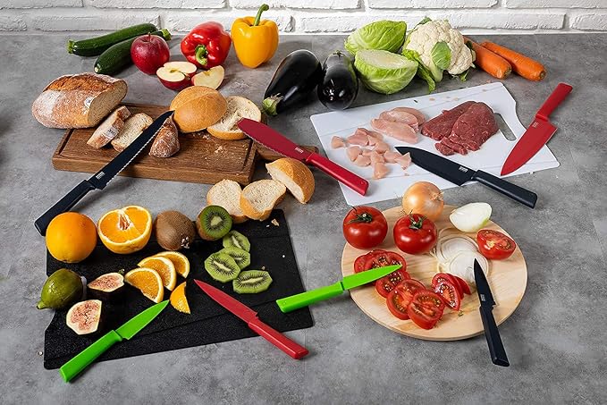 Kuhn Rikon COLORI+ Mixed Knife Set with Non-Stick Coating and Safety Sheaths, Set of 3, Green, Red and Graphite Grey