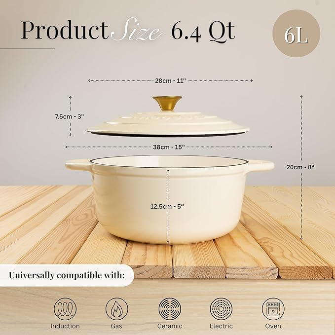 Nuovva Enamelled Cast Iron Dutch Oven Pot with Lid-6.4 Quart Non Stick Casserole Pot-Heavy Duty & Oven Safe up to 500° for Bread Baking, Braising, Stews, Roasting - 28cm Cream