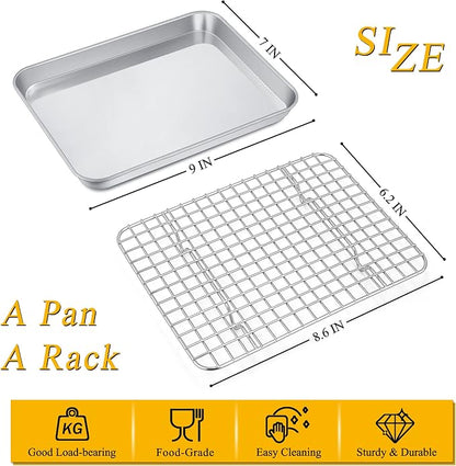 P&P CHEF 9 Inch Toaster Oven Pan with Rack Set, Stainless Steel Baking Pan Tray and Grid Cooling Rack for Cooking/Roasting, Dishwasher Safe & Easy to Clean, Non-toxic & Sturdy, (2Pcs)