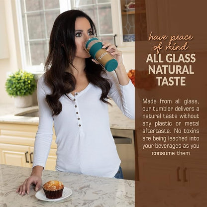 Double Wall Glass Tumbler - 14-Ounce, All Glass Reusable Insulated Tea/Coffee Mug & Lid, Hand Blown Travel Mug - Cyan