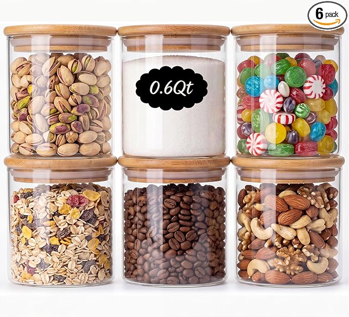 6-Pack 0.6Qt Small Round Glass Storage Jars with Bamboo Lids | Minimalist Kitchen Organizer,Pantry Storage Container,Food Storage Container,Scandinavian Style Storage,Nordic Style Storage