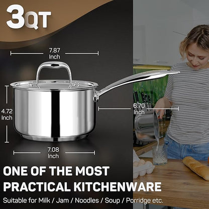 Ciwete 3 Qt Saucepan with Lid - Upgraded Package - 3 Quart 18/10 Stainless Steel Sauce Pan with Mirror Polishing and 2 Sacles, Induction Cookware, Small Pot for Cooking, Dishwasher Safe Oven Safe