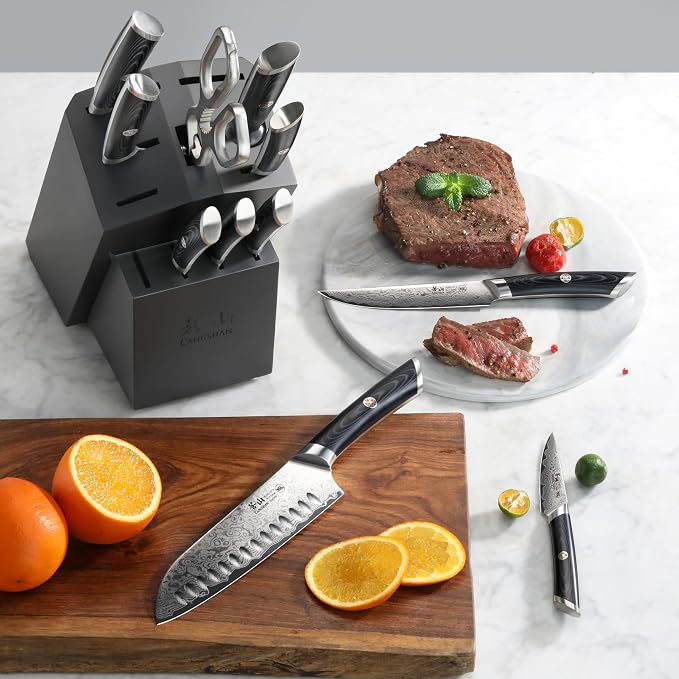 Cangshan KURO Series 12-Piece Knife Block Set, High Carbon X-7 Damascus Steel, Gray, 504340