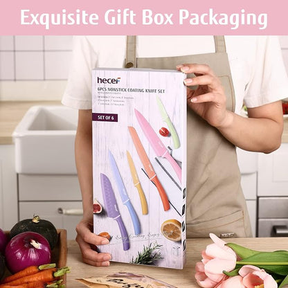 hecef Colorful Knife Set, 6 Pieces with Covers, Dishwasher Safe, Stainless Steel Colour Coded Non-Stick Cooking Knives Including Paring, Utility, Bread, Carving