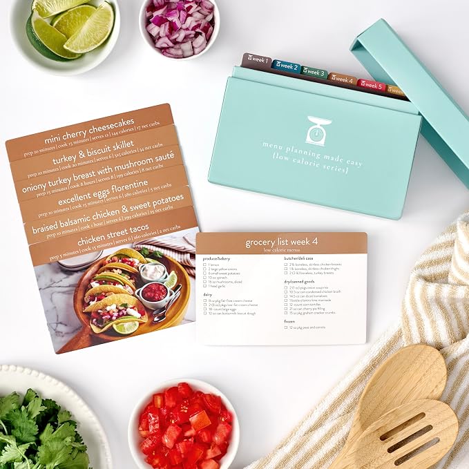 Meal Planner 72 Recipe Cards (Low Calorie Menu Pack - Photo Edition) - Weekly Menu Planner | Sturdy Recipe Box | 12 Reusable Grocery Lists | 5 Blank Recipe Cards | Recipe Card Protector | Recipe Ideas