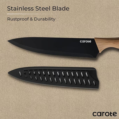CAROTE 12PCS Knife Set, Stainless Steel Kitchen Knife Set with Nonstick Ceramic Coating, 6 Knives with Blade Guards, Rustproof, Easy-Clean, Black