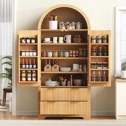 72" Tall Arched Kitchen Pantry Cabinet with 2 Drawers, Mid Century Modern Fluted Storage Cabinet with 8 Adjustable Door Shelves, Wooden Cupboard Organizer for Kitchens, Living Room (Natural-6.3)