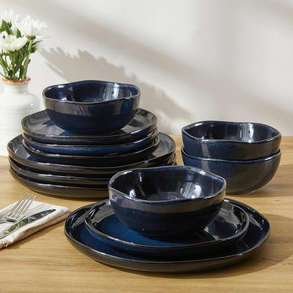 Pokini Ceramic Dinnerware Sets, Microwave Safe Plates and Bowls Sets, Kitchen Dishes Set for 4, Unbreakable & Dishwasher Safe Tableware, Everyday Use, Starry Blue
