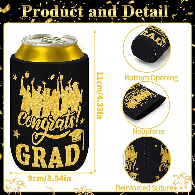 Graduation Can Cooler Sleeves, 18 Pack Black Gold Class of 2026 Neoprene Can Cover 9 Styles of Congrats Grad 12 OZ Drink Beer Soda Beverage for Graduation Party Supplies Gifts