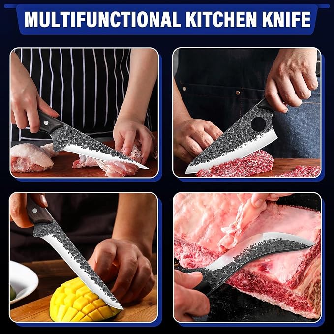 TAN REN Butcher Knife Set for Meat Cutting, 7PCS Professional Serbian Chef Knife Set with Bag, Hand Forged Viking Kitchen Knives