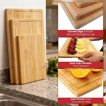 Large Bamboo Cutting Board 3 Piece Set with Juice Groove & Handle - Non Toxic Wood Charcuterie Board & Butcher Block for Meat, Veggies Fruit & Cheese - Kitchen Gift Set by Homish