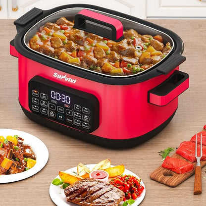 12-in-1 Multicooker, 6.5QT Slow Cooker Roaster Oven, Digital Programmable Multi Functional Pot with Timer Temp Control Delay Start Glass Lid Removable Nonstick Pot, Roast/Steam Rack, Red