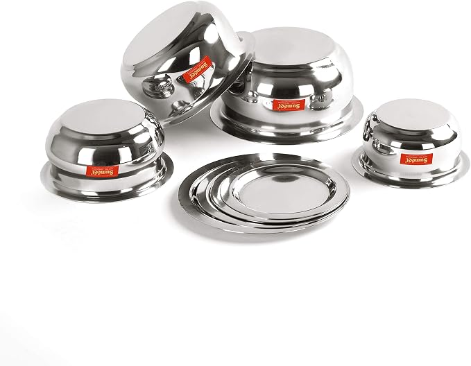 Sumeet Stainless Steel Belly Shape 4 Pc Tope/Cookware/Pot Set with Lid 380ML, 500ML, 780ML, 1.1Ltr, (Silver)
