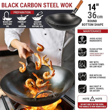 YOSUKATA 14" Carbon Steel Wok with Round Bottom – Pre-Seasoned Pow Wok for Stir Fry – Traditional Chinese Japanese Black Steel Pan – Outdoor Cookware for Gas Stovetops, Open Fire, BBQ, Camping