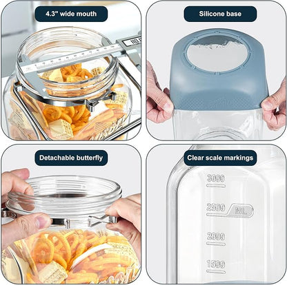 2 Pack Square Glass Containers with Airtight Lids, Wide Mouth Mason Jars, 1 Gallon Glass Jar With Handle & Non-slip Base & Scale Mark, 128 Oz Pantry Storage Canisters for Flour, Rice, Pickle