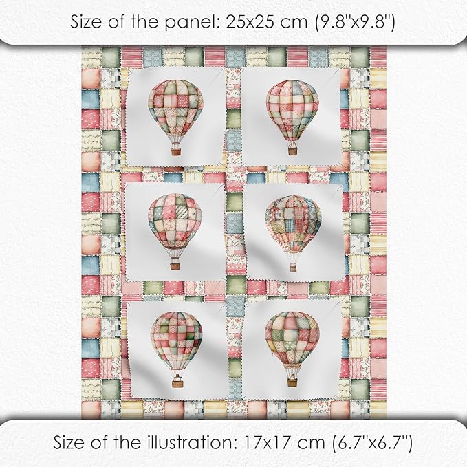 Patchwork Hot Air Balloon Cotton Fabric Panel – 6 Designs (10×10 inch Each) + Bonus Sheet 29.5×19.6 inch, 100% Cotton 140 GSM, Made in Türkiye
