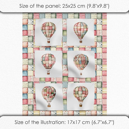 Patchwork Hot Air Balloon Cotton Fabric Panel – 6 Designs (10×10 inch Each) + Bonus Sheet 29.5×19.6 inch, 100% Cotton 140 GSM, Made in Türkiye