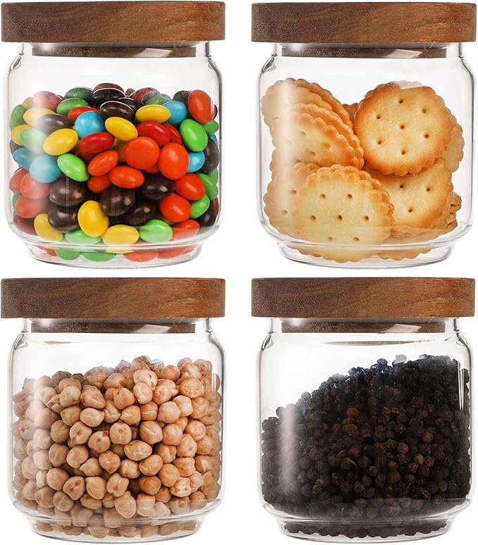Bekith 4 Pack 15 FL OZ (450ml) Glass Food Storage Jar with Acacia Lids, Airtight Sealed Clear Glass Canisters, Kitchen Food Storage Container for Serving Tea, Coffee Beans, Nuts, Spice, Sugar