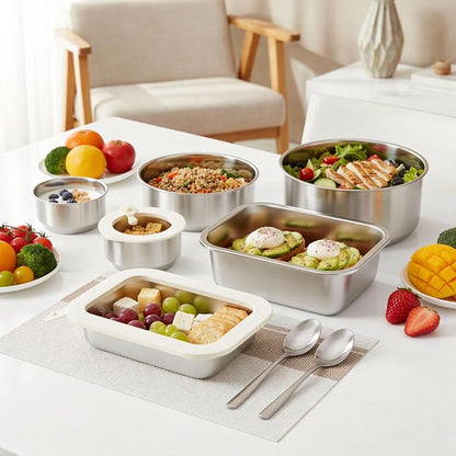 Stainless Steel Food Containers with Glass Lid, Airtight Leakproof Stainless Steel Storage Containers in set of 3, Rectangle Shape, Microwave Safe Food Storage Container Set, 100% Plastic Free