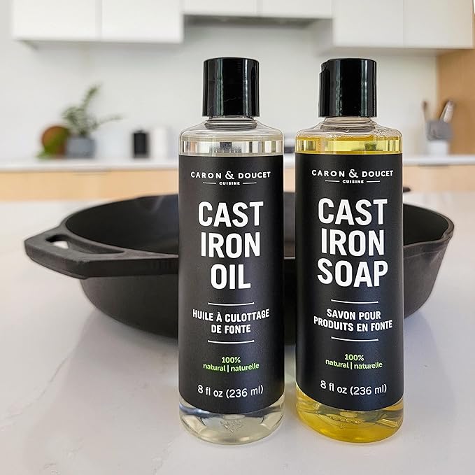 CARON & DOUCET - Cast Iron Cleaning & Conditioning Set: Seasoning Oil & Cleaning Soap | 100% Plant-Based | Best for Washing, Restoring & Seasoning Cast Iron Skillets, Pans & Grills! 8oz Each