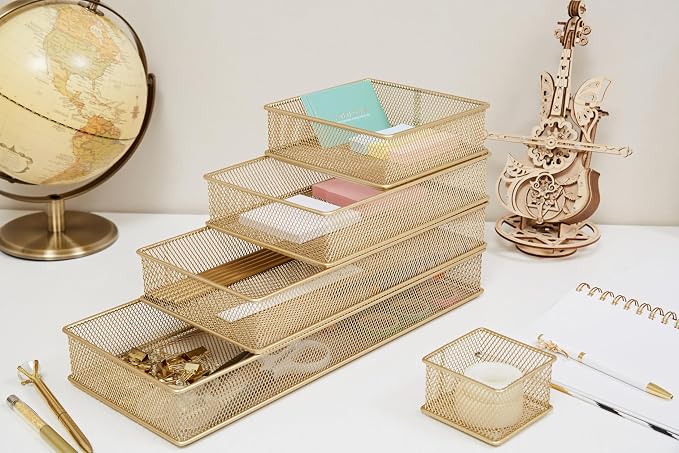 Annova Mesh Stackable Drawer Cabinet and Shelf Organizer Bins Storage Basket School Office Supply Holder Tray- Set of 2 (Gold, 6x12x2 Inch)