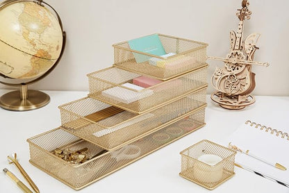 Annova Mesh Stackable Drawer Cabinet and Shelf Organizer Bins Storage Basket School Office Supply Holder Tray- Set of 2 (Gold, 6x12x2 Inch)