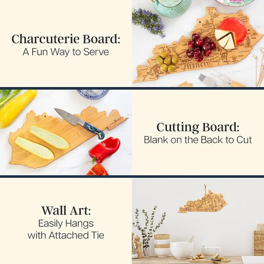Totally Bamboo Destination Kentucky Shaped Cutting Board – Bamboo Charcuterie and Serving Board with Hang Tie for Wall Display